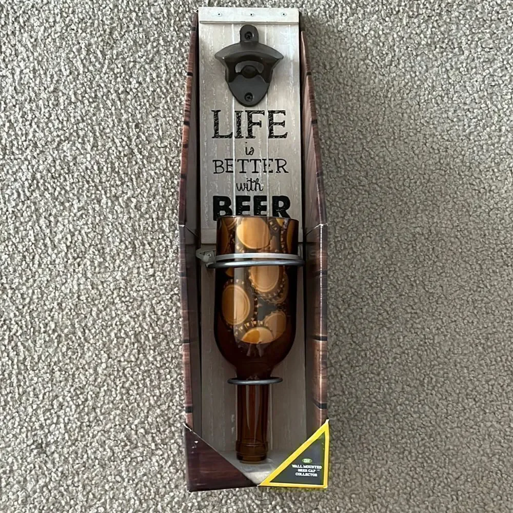 Wall Mounted Beer Cap Collector with Upside Down Glass Bottle and Cap Opener